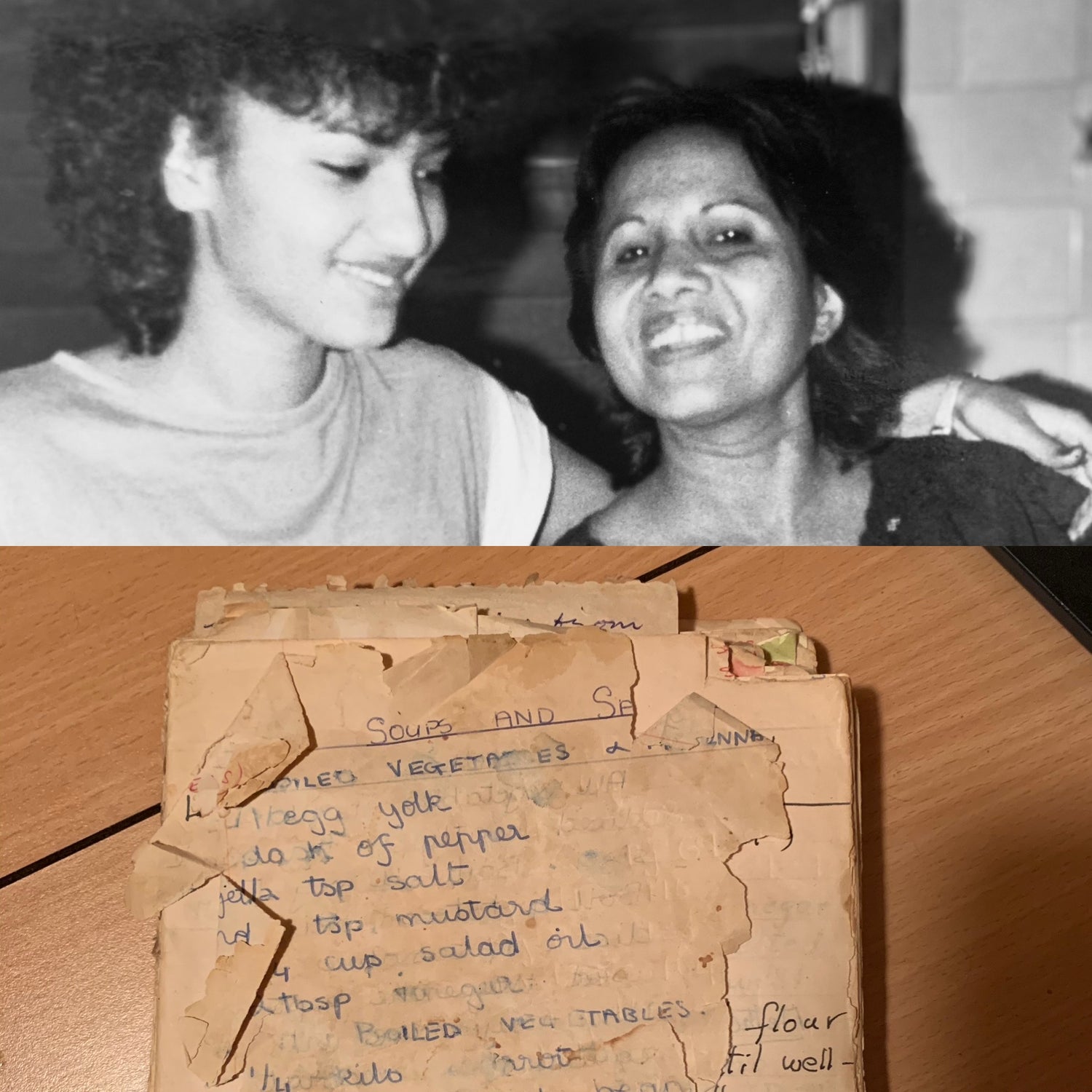 Image of woman and her grandmother hugging, above a image of a fraying, old recipe book