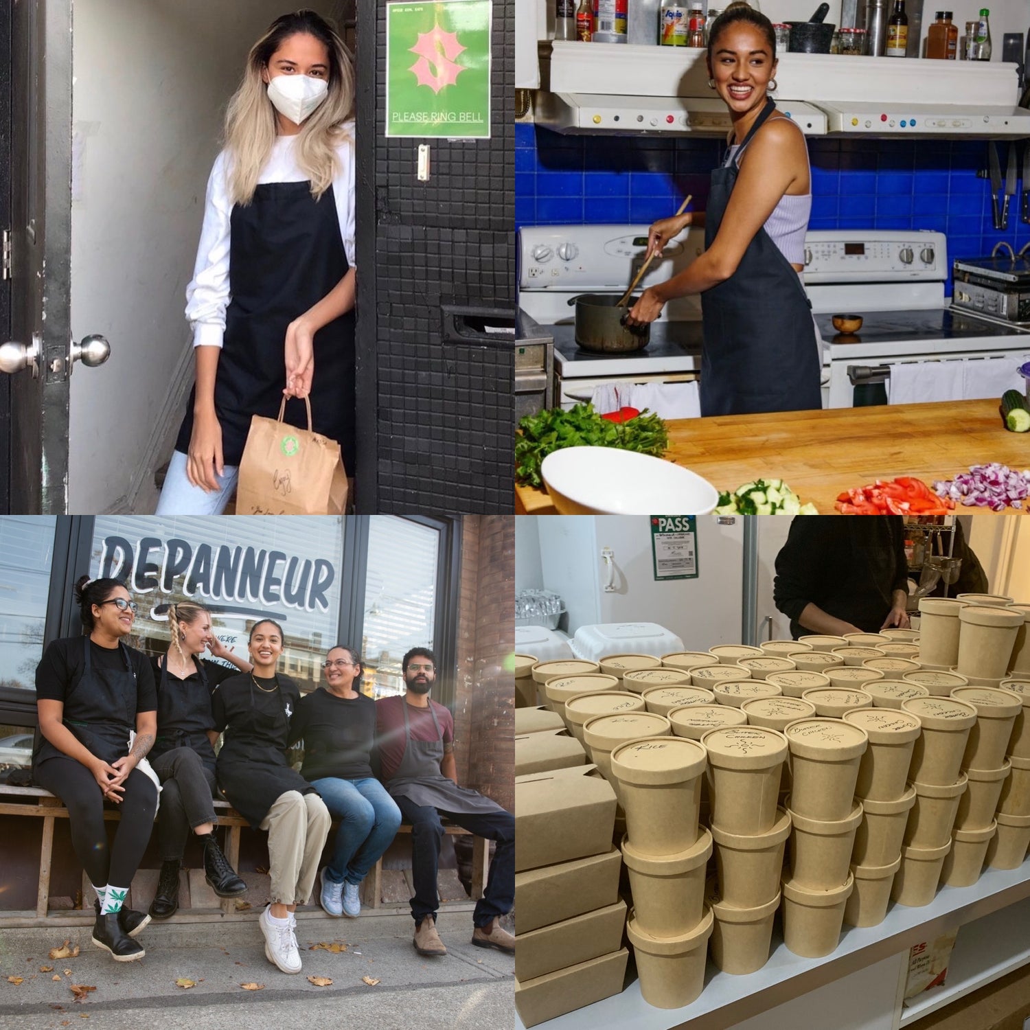 Collage featuring a woman cooking in a kitchen, takeout containers neatly arranged to show success, and a team of people operating a takeout business together.