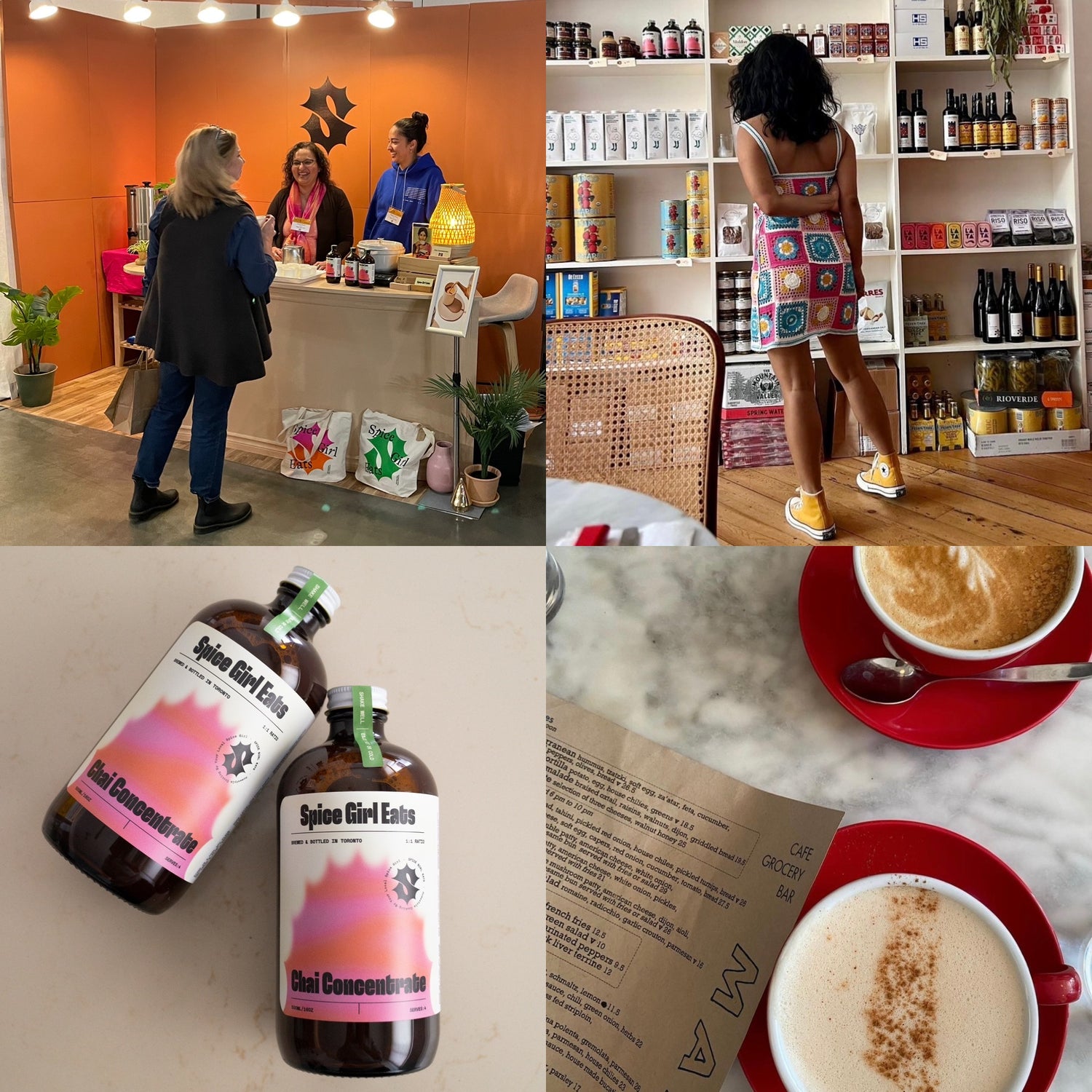 The collage features a woman at a trade show selling product, the product displayed in a store display, and a frothy chai latte served in a restaurant.
