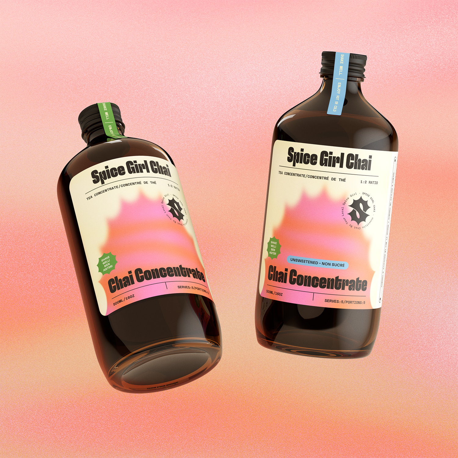 Two glass bottles filled with dark brown liquid. Labelled with "Chai Concentrate" floating on a pink and orange gradient back round. Fun and colourful aesthetic.